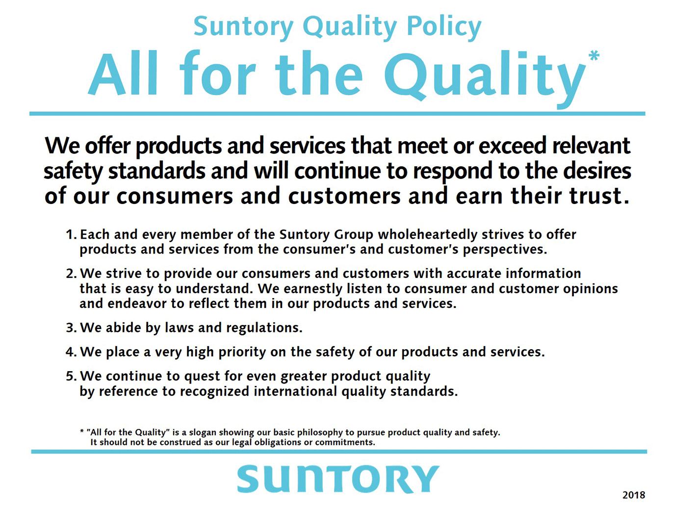 Suntory Quality Policy All for the Quality